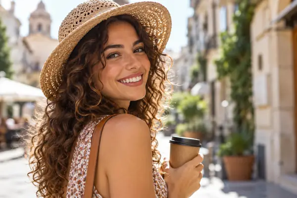 Retrato con luz natural cálida de una mujer sonriente con el pelo rizado y un sombrero tejido, sosteniendo una bebida para llevar al aire libre; fondo urbano suavemente desenfocado y encuadre editorial cercano.