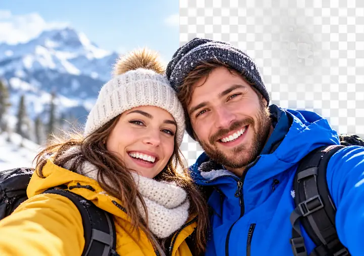 Dos personas sonrientes con ropa de invierno, mostradas sobre una escena al aire libre y un tablero de transparencia